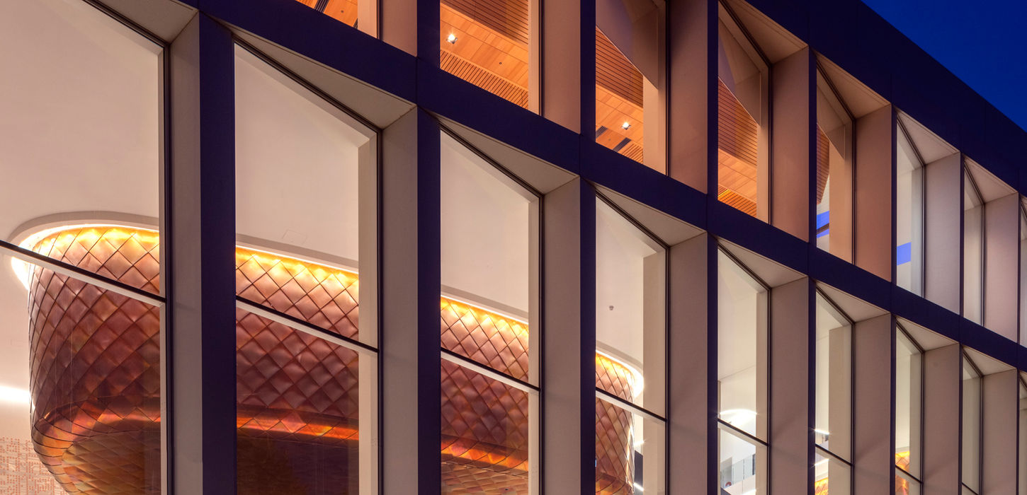 Angular façade and brass clad lecture theatre Ray Dolby Centre Cavendish Laboratory University of Cambridge