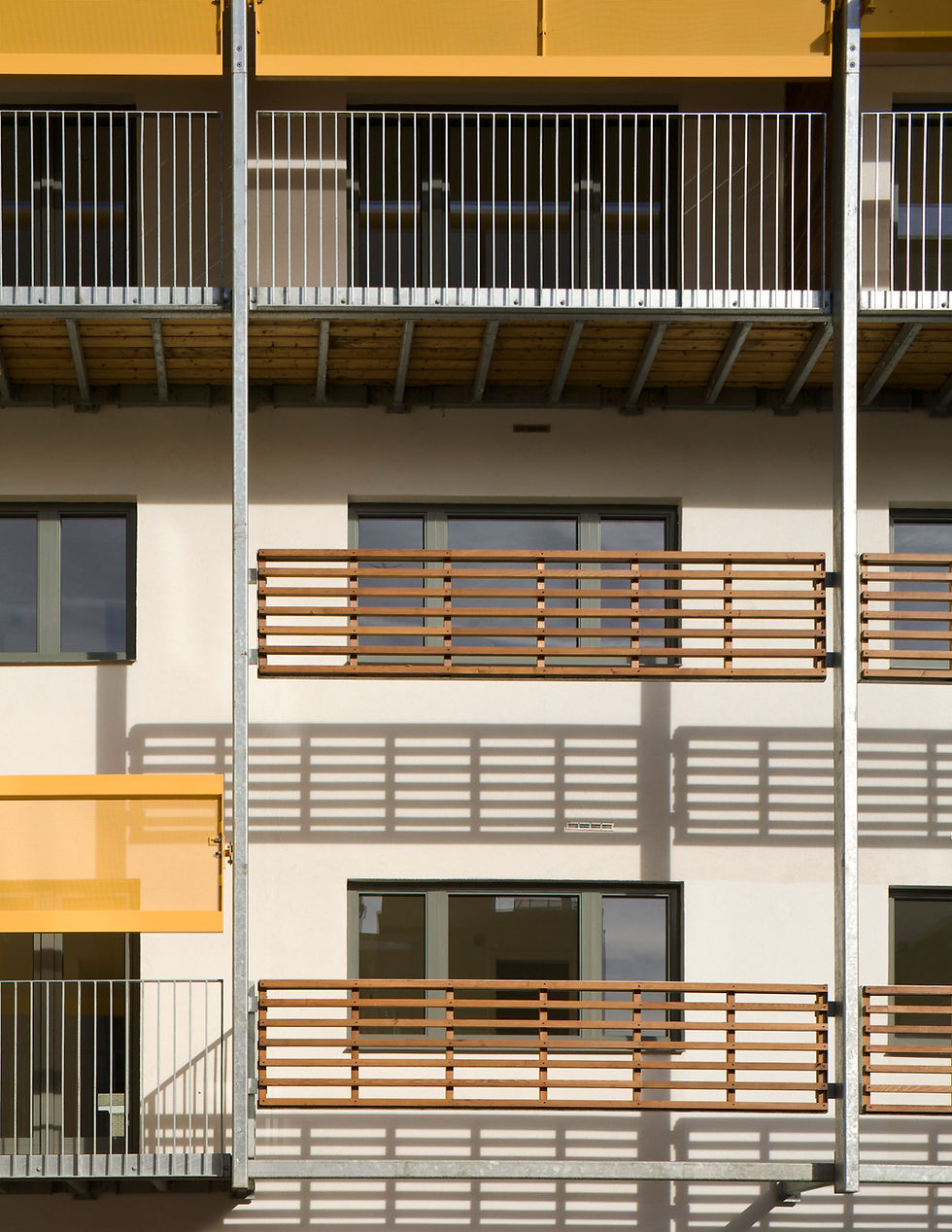 Courtyard façade detail with solar shading Timber Wharf