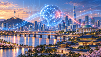 Abstract artificial intelligence network above the Seoul skyline