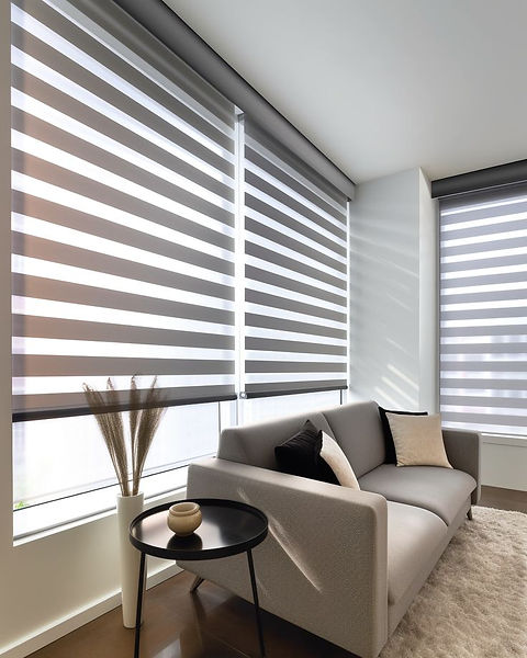 wood color Zebra blinds with dual-layer fabric for light control im a living room
