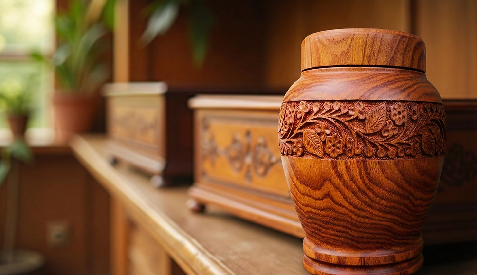     Hand-carved wooden cremation urn with floral design