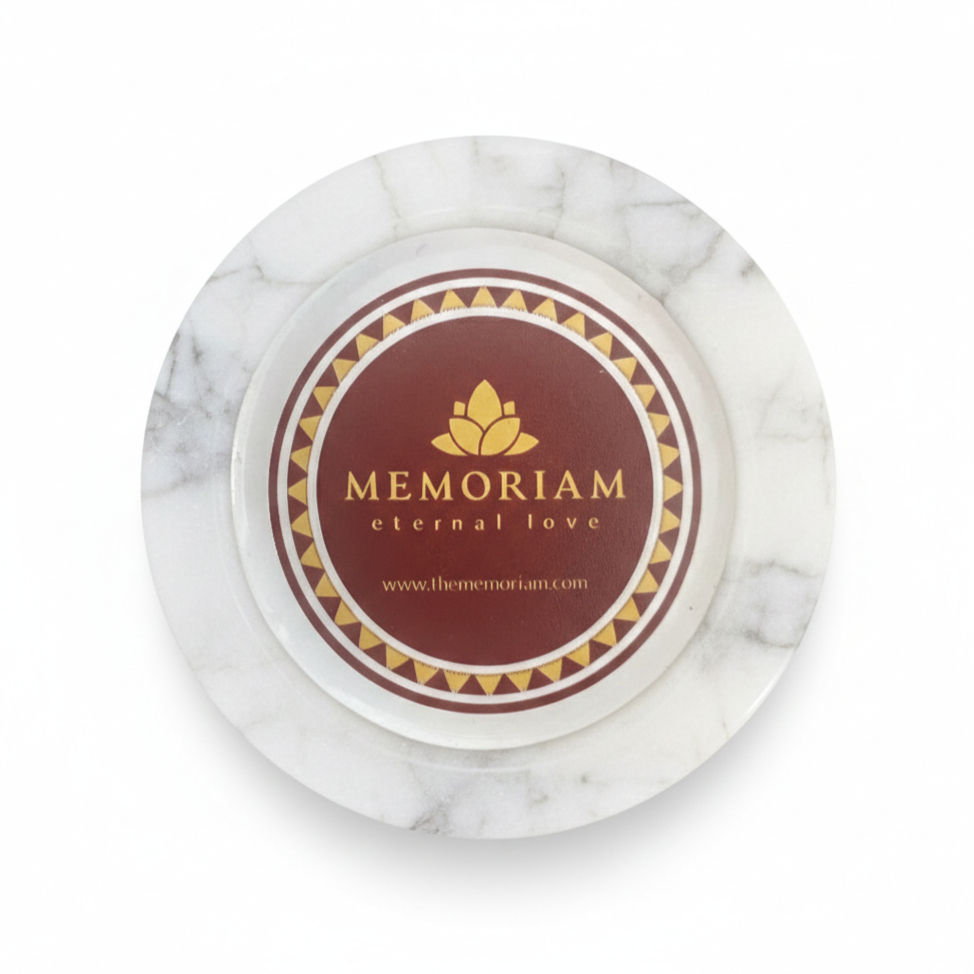 Thumbnail: Carrara white marble bottom of cap with Memoriam UV printed logo