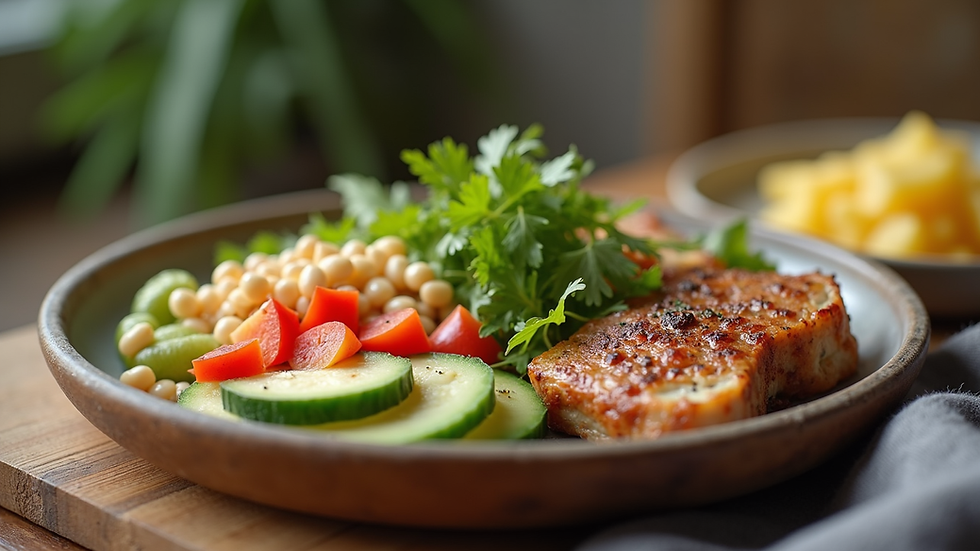 Close-up view of a healthy meal with balanced protein, vegetables, and grains
