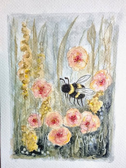 Bie i blomstereng - En livlig og varm akvarell av en bie som summer mellom blomstrende roser og markblomster. Bildet hyller n