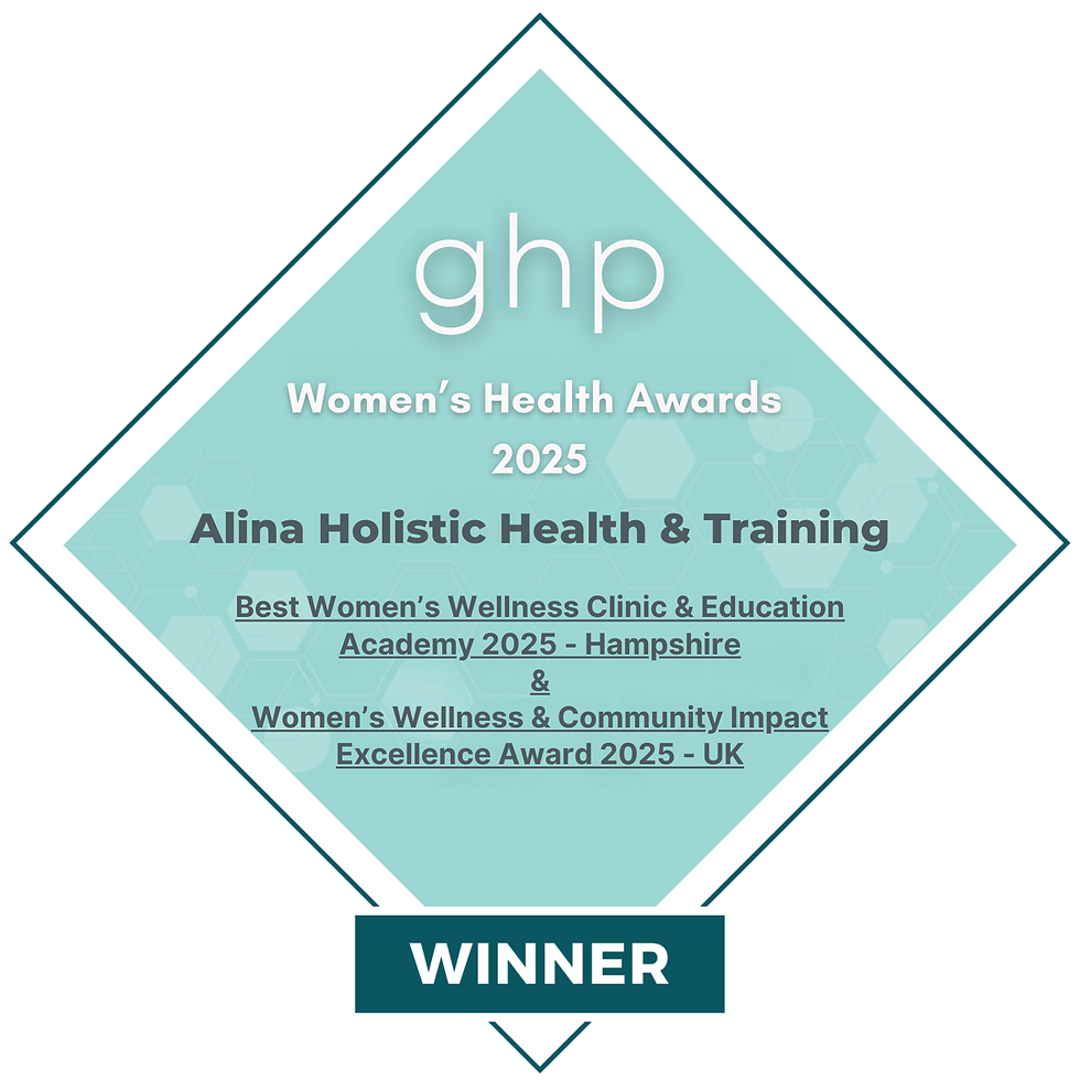 Diamond-shaped award image with text: "GHP Women's Health Awards 2025; Alina Holistic Health & Training; WINNER; Best Women's Wellness Clinic."