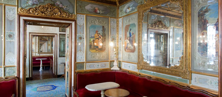Interior of Caffè Florian in Venice, a historic Italian coffee bar.