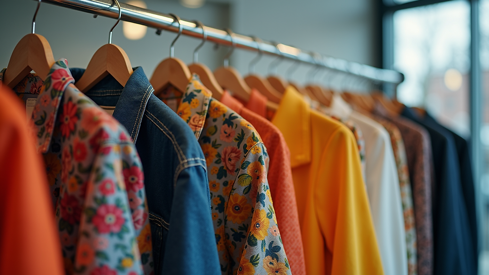 Blick auf einen Kleiderständer mit farbenfrohen, stylischen Outfits auf Augenhöhe