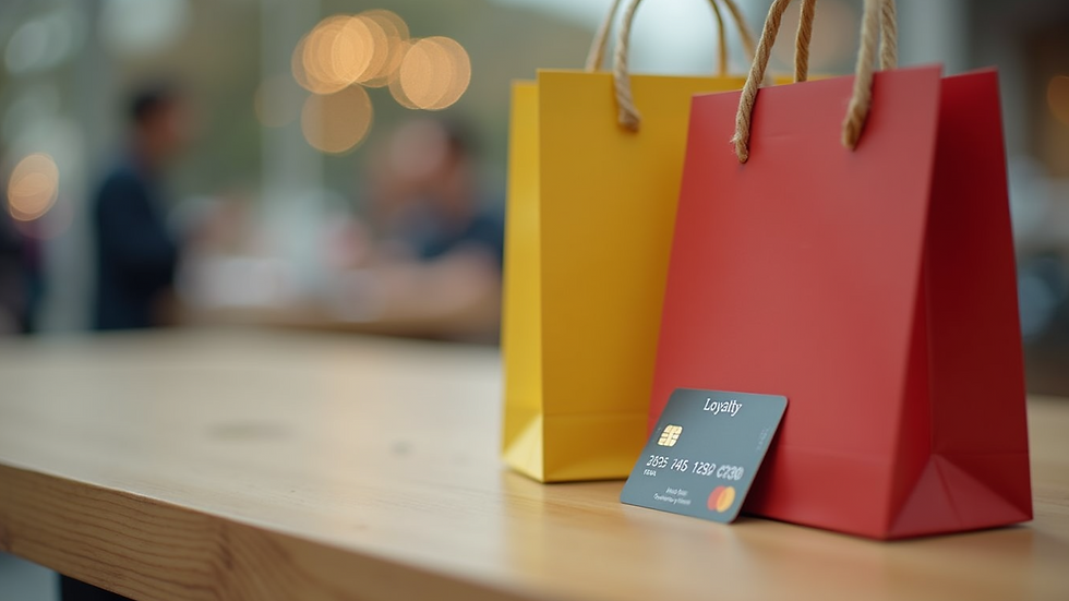 Close-up view of a loyalty card and a shopping bag on a wooden table