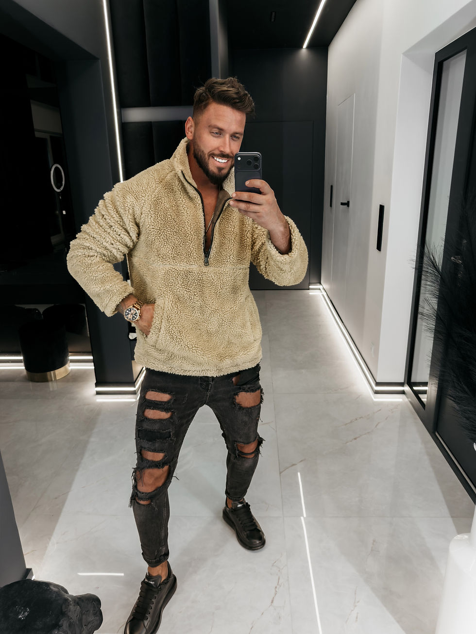 Miniaturbild: OLAVOGA Mellano 2026 męska bluza teddy Beige Graphite – casual oversize z podwyższonym kołnierzem i vintage efektem farbowani