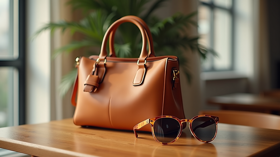 Close-up view of a chic handbag and sunglasses on a wooden table