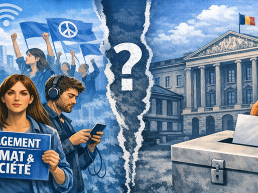 Illustration de l’article « Les jeunes ne s’intéressent plus à la politique » : des jeunes engagés pour le climat et la société face aux institutions politiques traditionnelles, symbolisant la mutation de l’engagement citoyen.