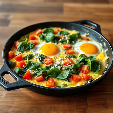 scrambled eggs tomatoes spinach cheese cooked in a cast iron skillet on a wooden table.jpg