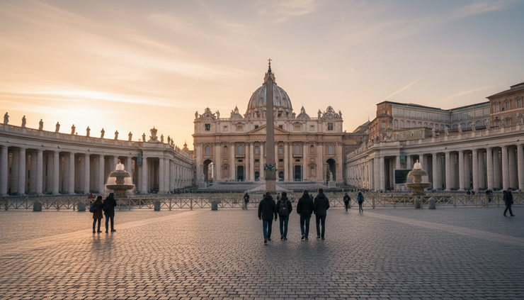 Wide-angle view of St Peter's Square and the basilica at sunrise