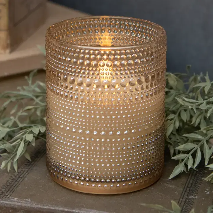 5" Champagne Dotted Glass 3D Flame Candle with Timer Feature