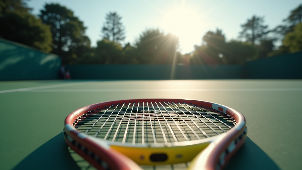 Eye-level view of tennis racket on court with strings visible