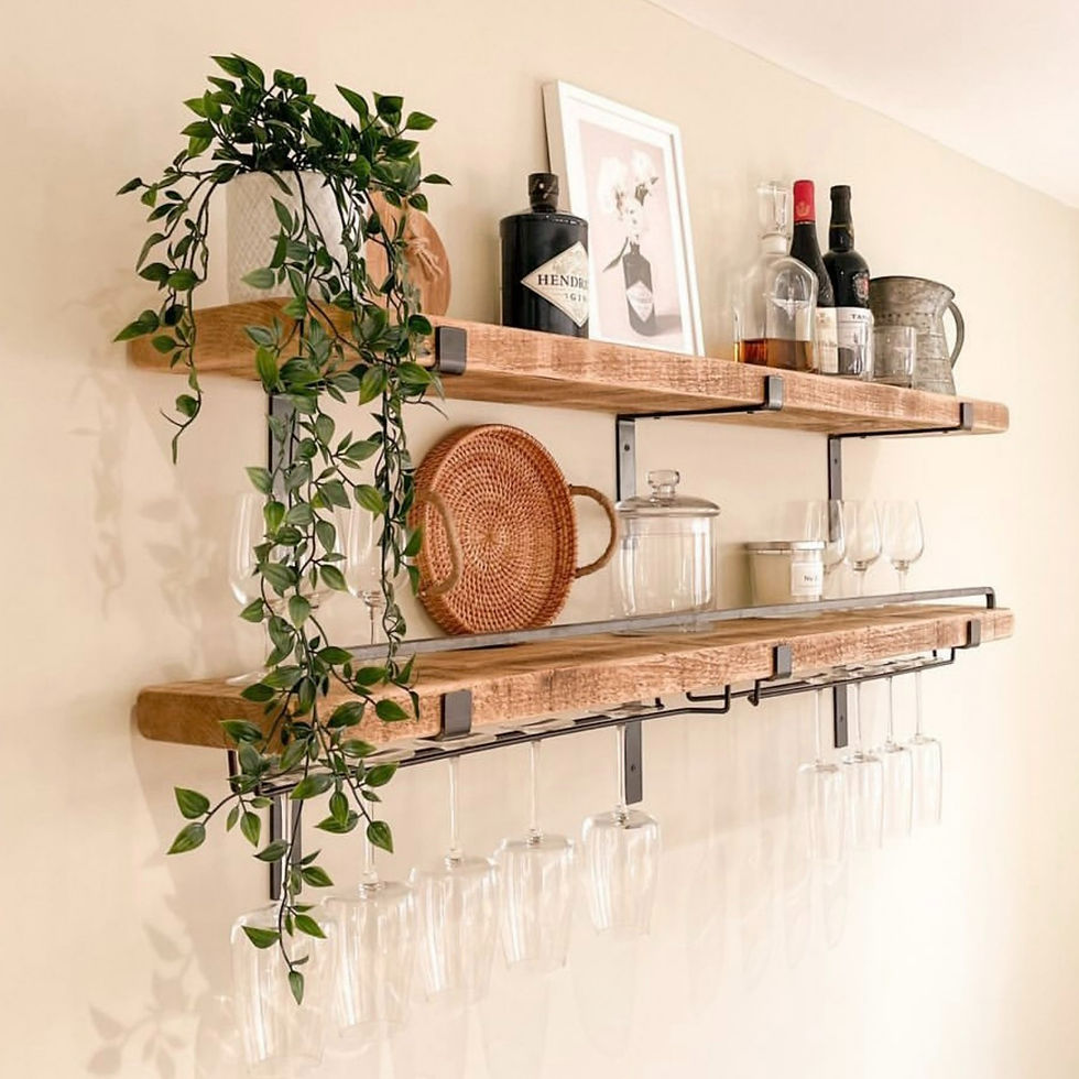 Duo of Shelves with Down Brackets, Glass Hanger & Steel Bar