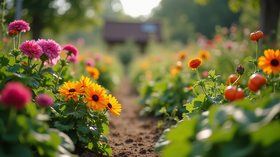 Eye-level view of a community garden with colorful flowers and vegetables