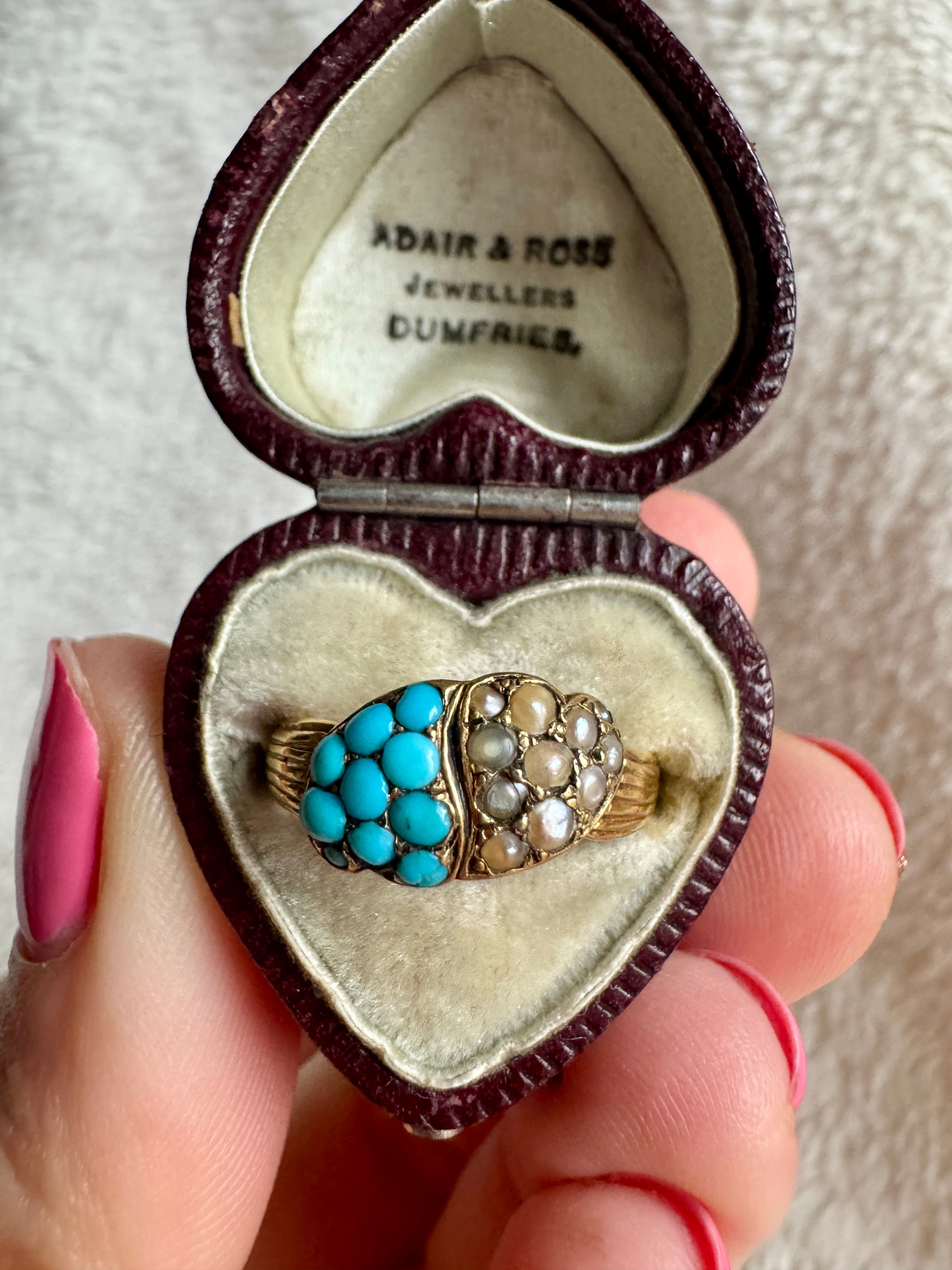 Victorian 15ct Pearl and Turquoise Witches Heart Ring