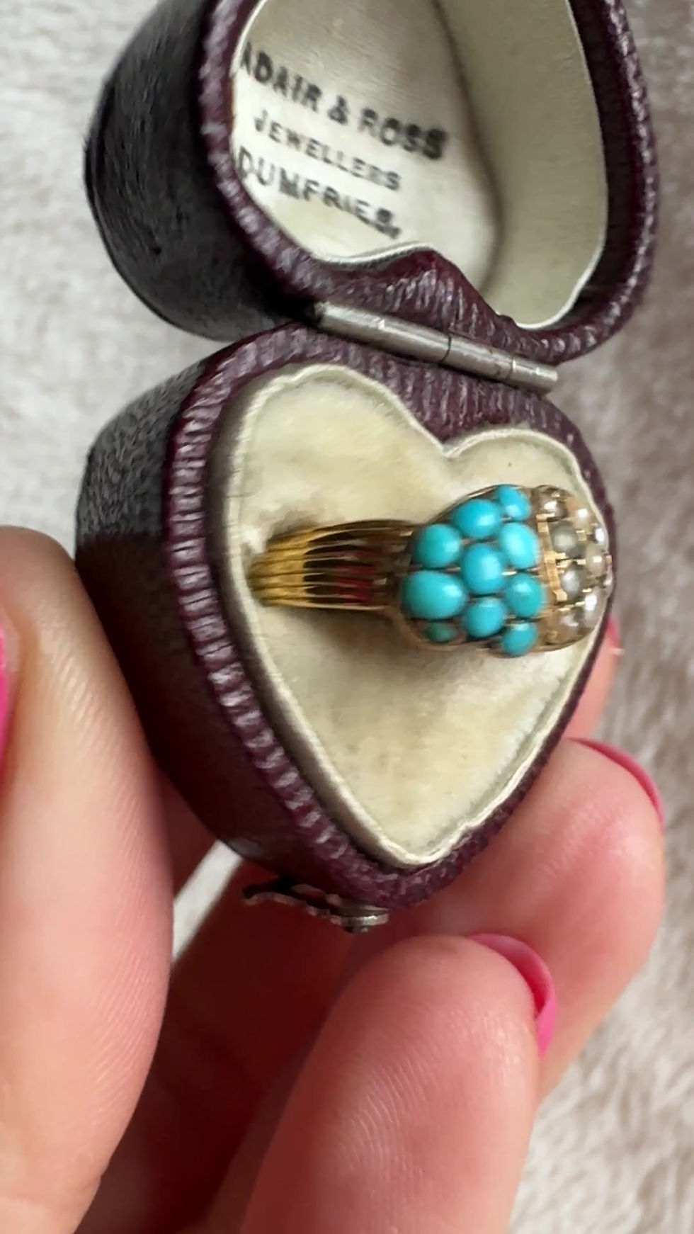 Thumbnail: Victorian 15ct Pearl and Turquoise Witches Heart Ring