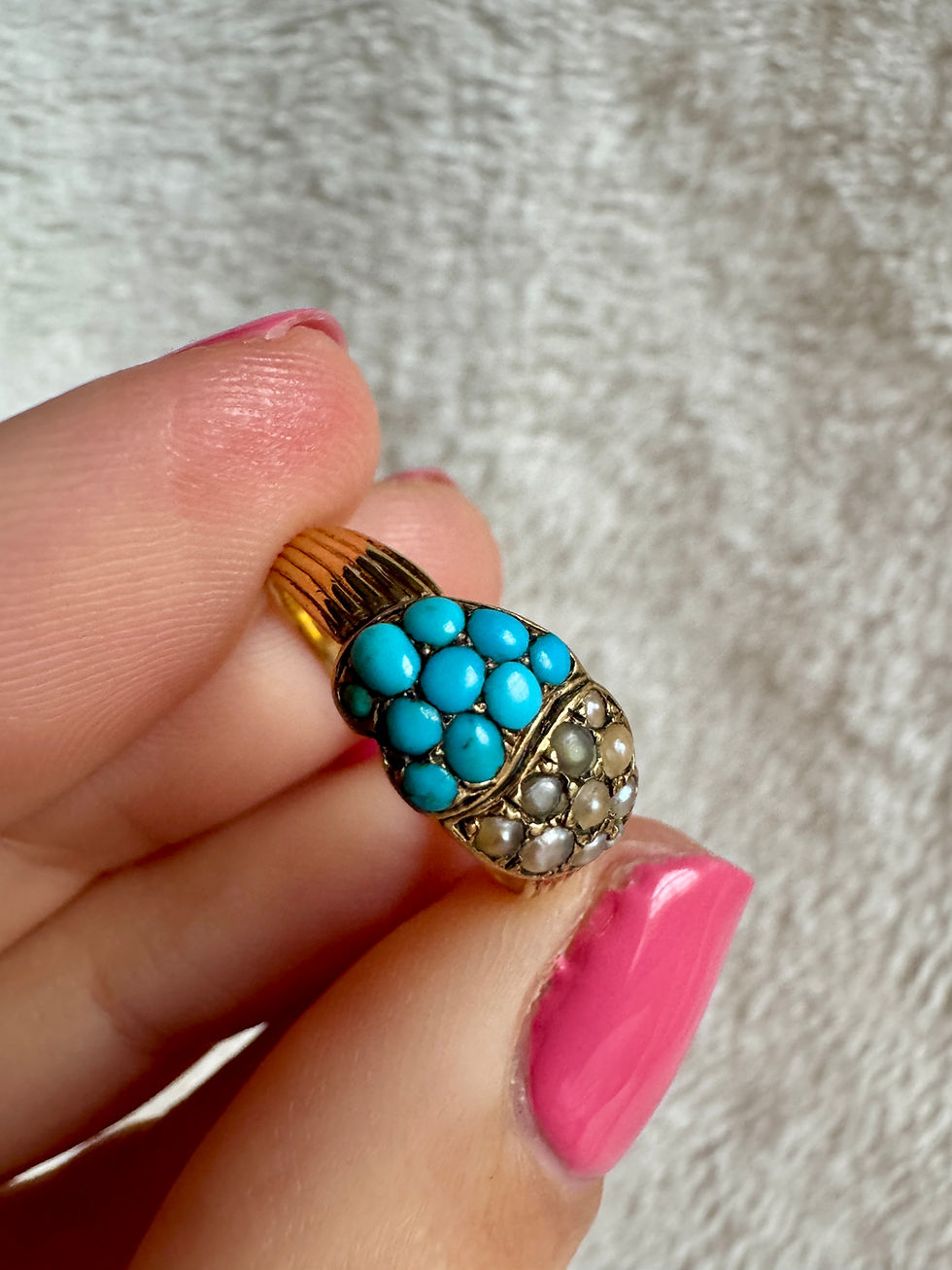 Thumbnail: Victorian 15ct Pearl and Turquoise Witches Heart Ring