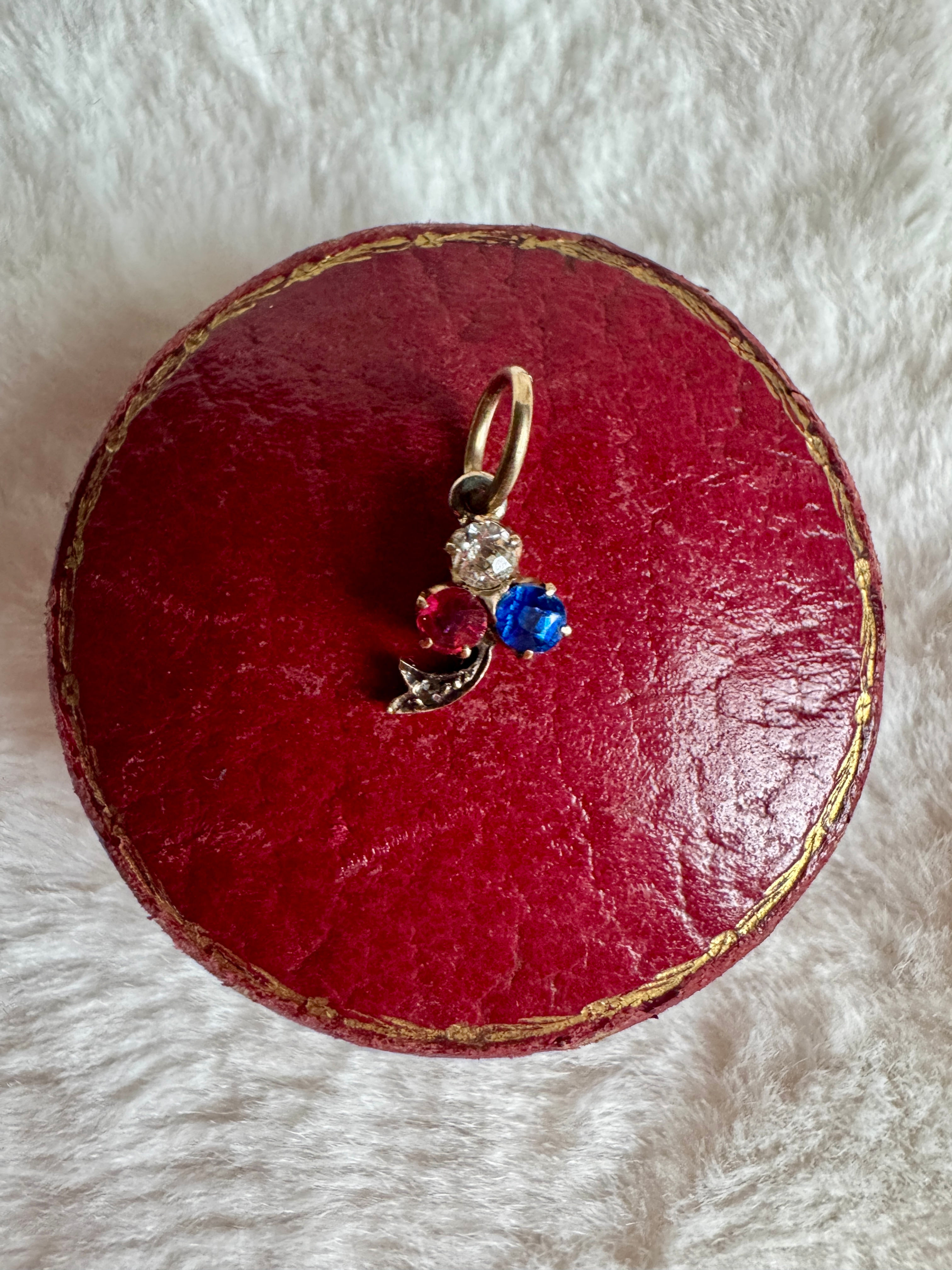 Victorian 15ct Sapphire, Diamond and Ruby Trefoil Pendant