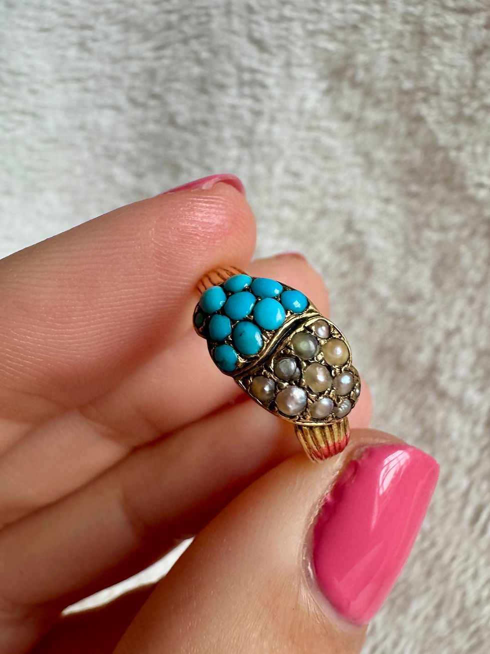 Thumbnail: Victorian 15ct Pearl and Turquoise Witches Heart Ring