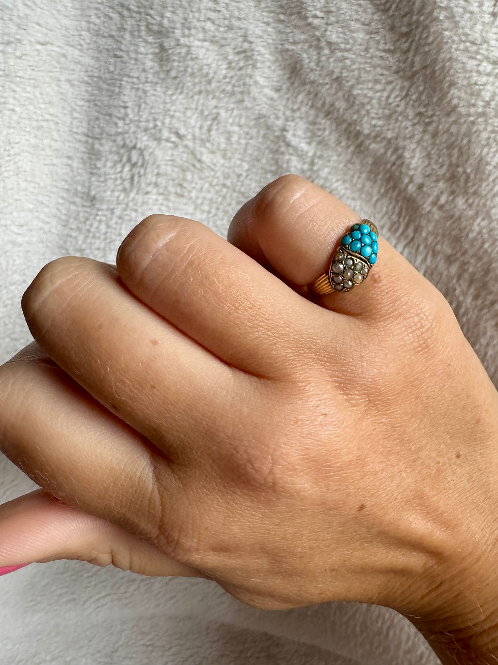 Thumbnail: Victorian 15ct Pearl and Turquoise Witches Heart Ring