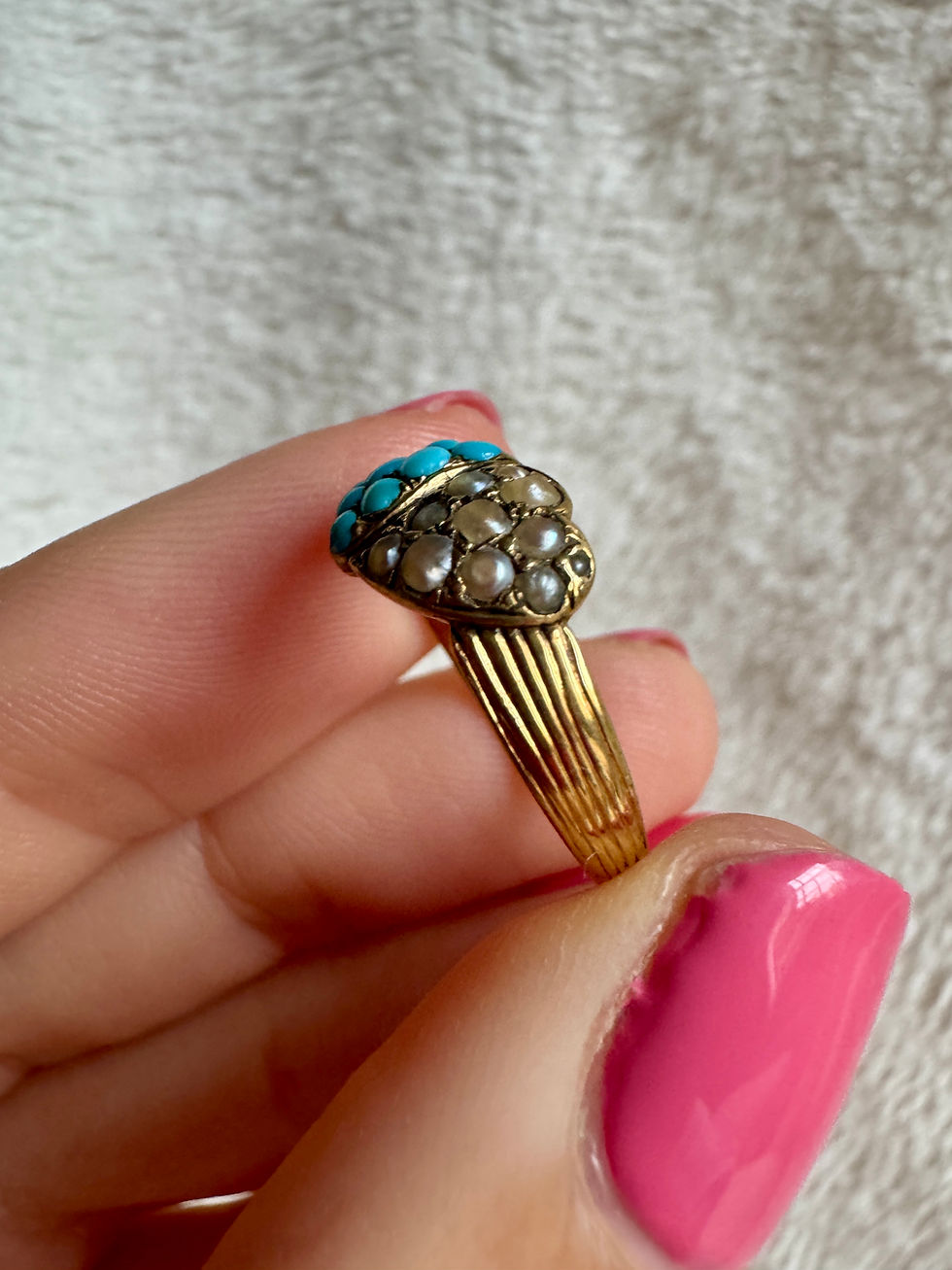 Thumbnail: Victorian 15ct Pearl and Turquoise Witches Heart Ring