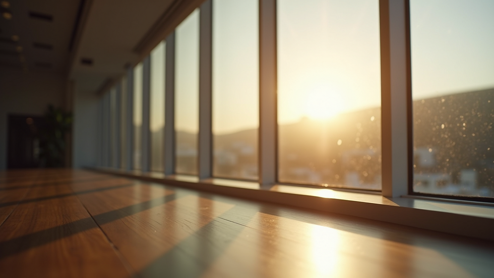 Eye-level view of modern window with low-E glass reflecting sunlight