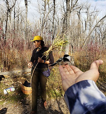 woman with chickadee in her hand