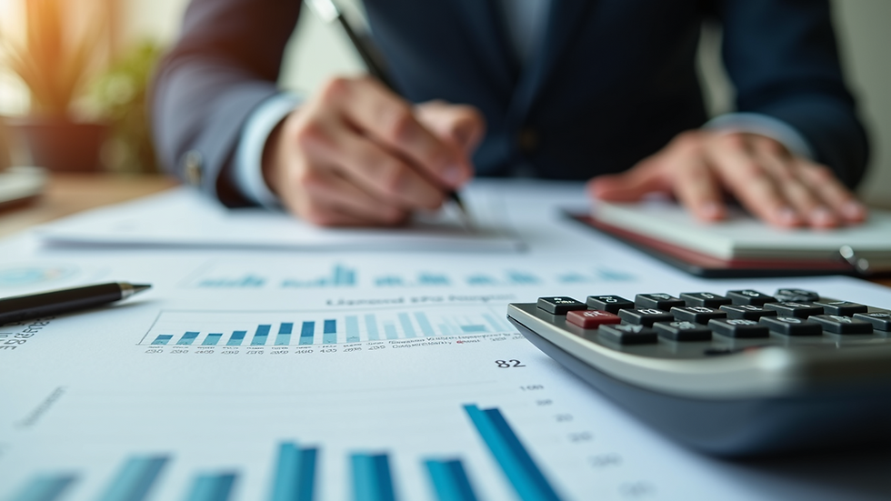 Eye-level view of a desk with financial documents and calculator