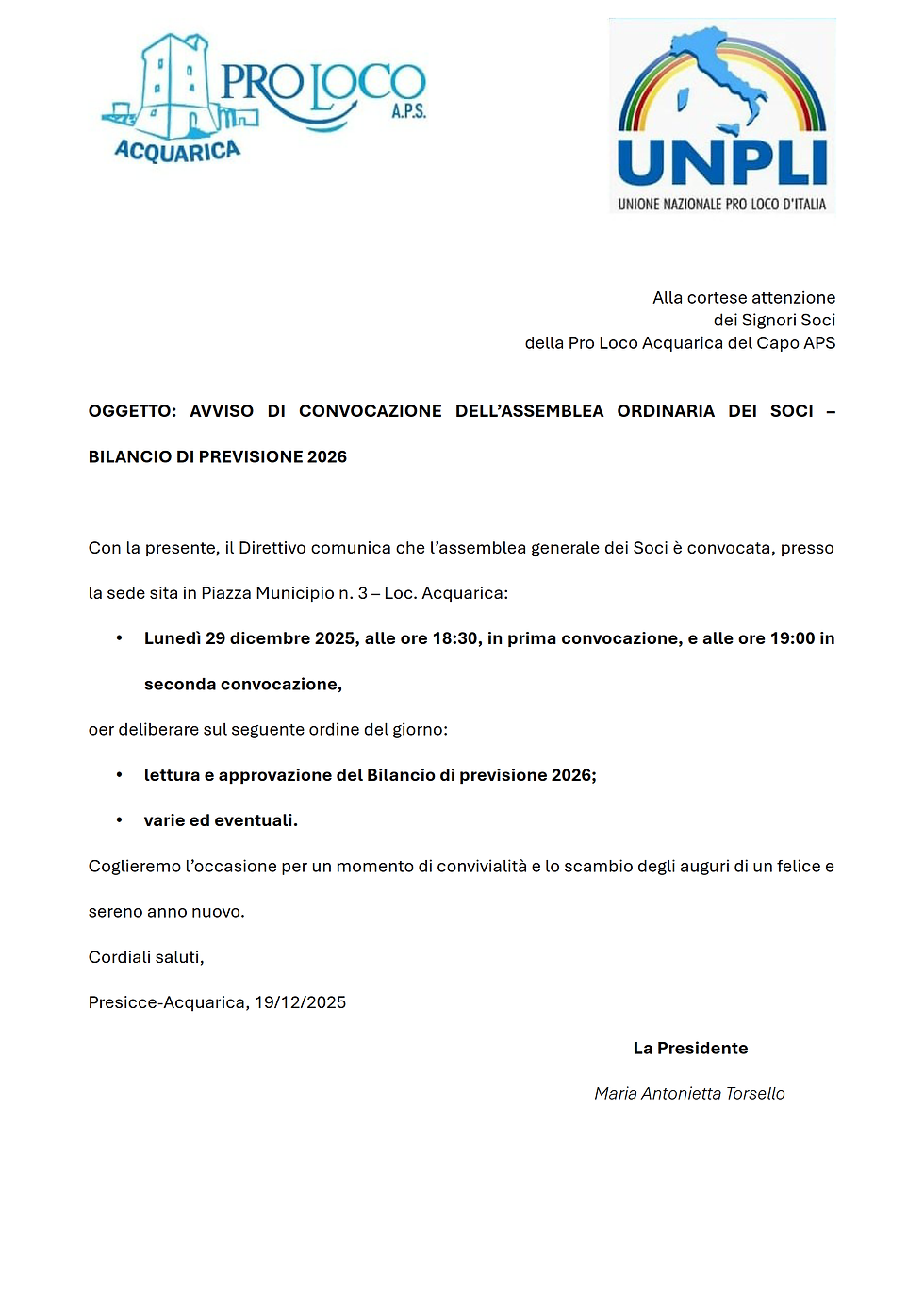 AVVISO: CONVOCAZIONE ASSEMBLEA PER APPROVAZIONE DEL BILANCIO DI PREVISIONE 2026