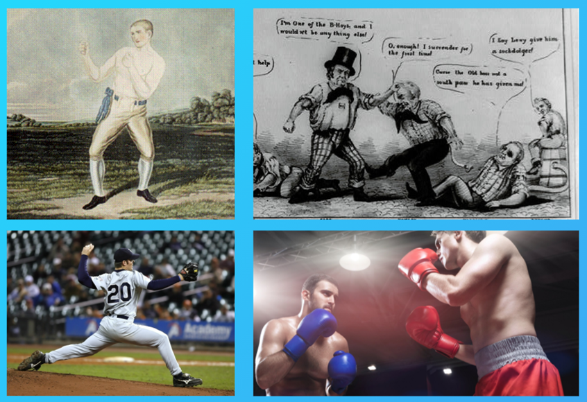 There are four pictures in this collage. Top left is of 19th century boxer "Bendigo" Thompson in his left-handed boxing stance. Top-right photo is an 1848 political cartoon portraying Whig vice-presidential candidate Millard Fillmore. Bottom left is a stock photo of a left-handed baseball pitcher courtesy of Canva. Bottom right is a stock photo of two boxers, courtesy of Canva.