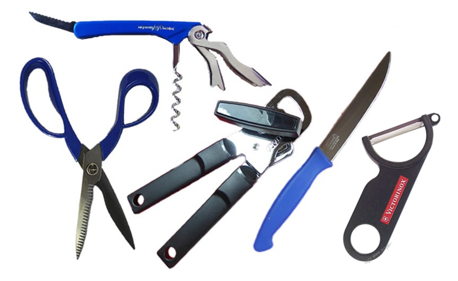 Picture of 5 left-handed kitchen items, including Everest Left-Handed Kitchen Scissors, Left-Handed Can (Tin) Opener, Victorinox Left-Handed Peeler, Pocket Waiter's Left Handed Corkscrew, Left-Handed Vegetable Knife