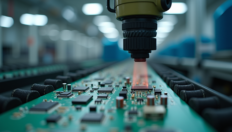 Close-up of a high-resolution camera inspecting a circuit board on a conveyor belt