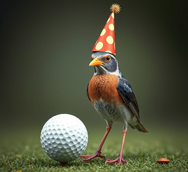 a bird with a huge party hat on standing next to a golf ball.jpg