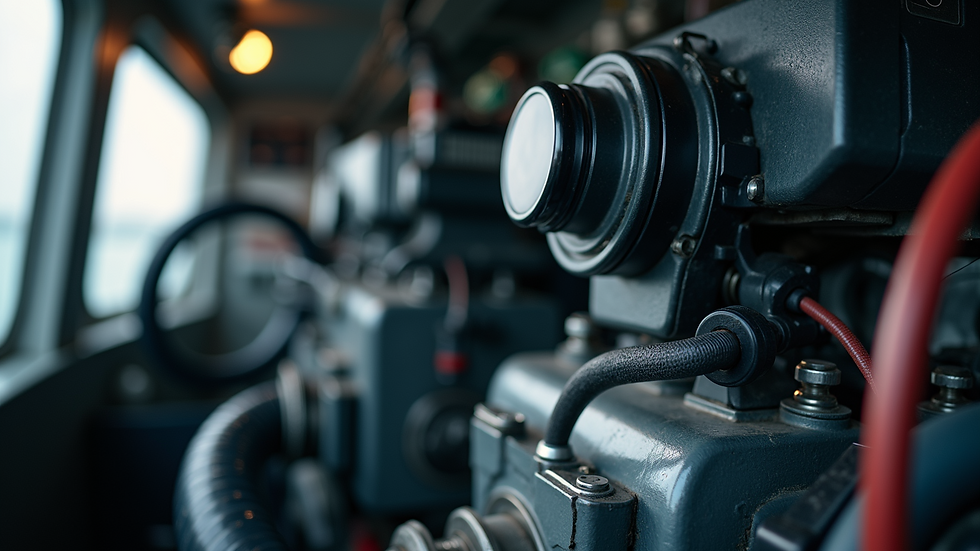 Close-up view of a boat engine being inspected during a marine survey