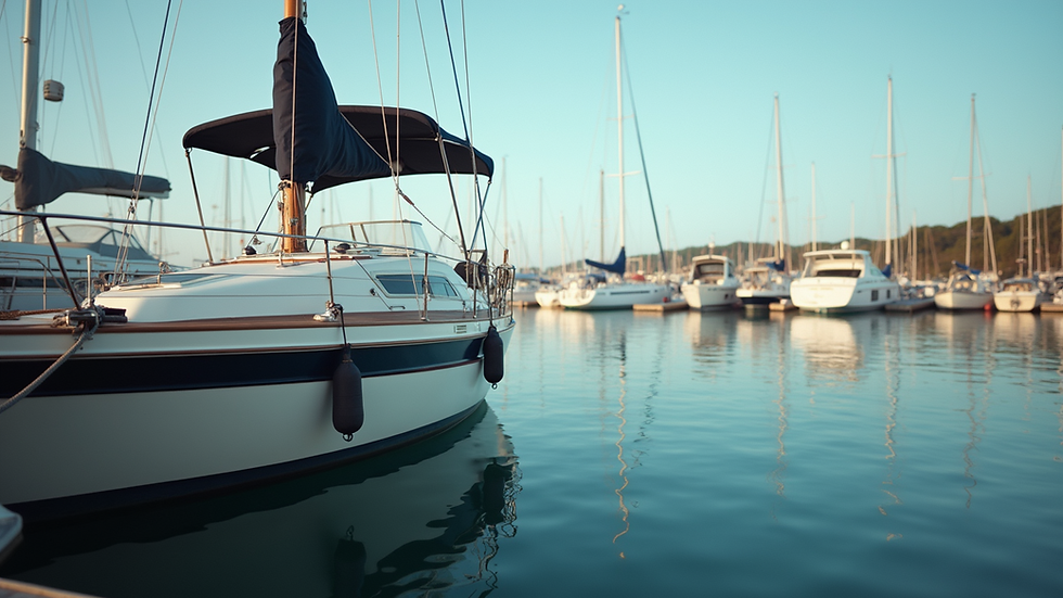 Eye-level view of a boat moored at a marina with calm water