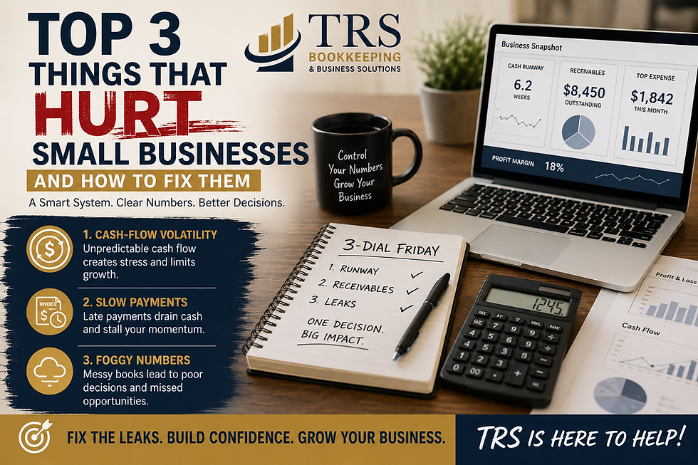 : Infographic-style image showing a laptop “Business Snapshot” dashboard (cash runway, receivables, top expense), a notebook labeled “3-Dial Friday,” a calculator, and TRS branding illustrating the top 3 things that hurt small businesses and a simple weekly system to fix them.