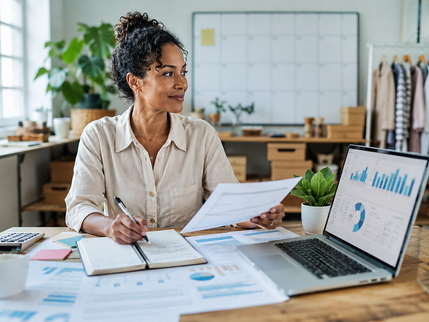 Small business owner reviewing financial reports and growth charts on a laptop, illustrating how small businesses are shifting from defense back to growth mode with clearer books, cash-flow planning, and smarter financial decisions.