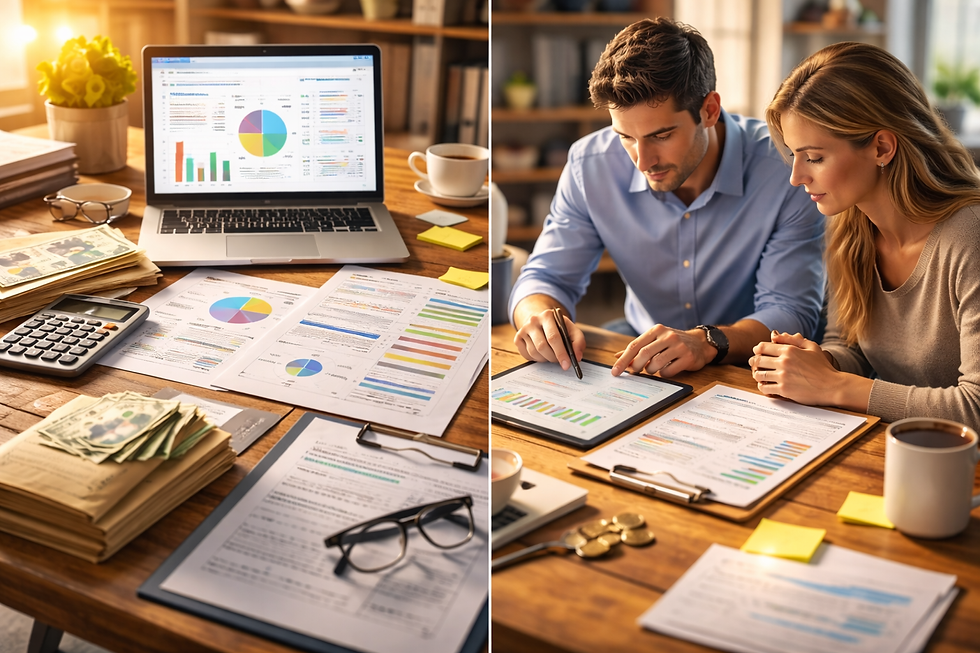 Split image showing a small business budgeting workspace—cash, calculator, charts, and a laptop dashboard on one side, and two professionals reviewing a budget plan together on a tablet on the other.