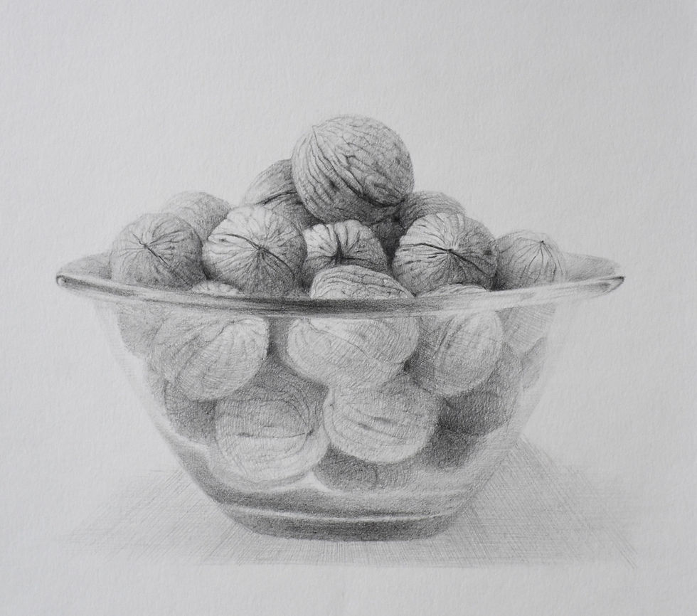 Still life with walnuts 3, walnuts, pencil