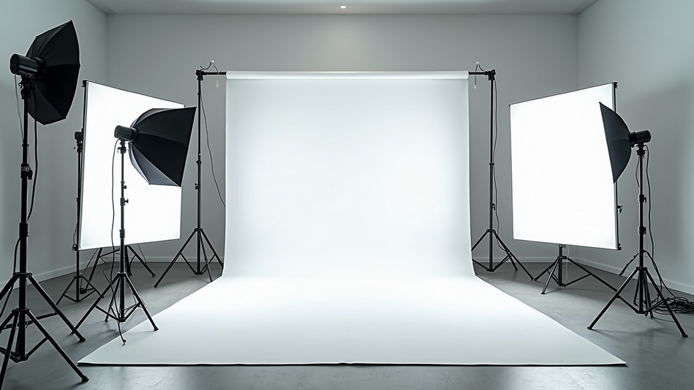 Eye-level view of a spacious photography studio with white backdrops and lighting equipment