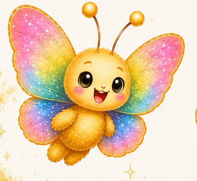 Glimmer, a smiling golden butterfly helper with sparkling pink, gold, blue, and lavender rainbow wings