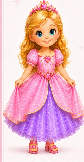 Princess Crystal, with golden curls, sparkling pink-and-lavender dress, and a pink heart tiara