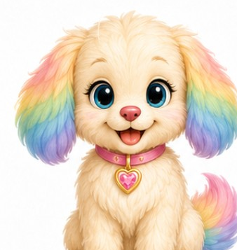 Rainbow, a fluffy cream-colored puppy with big blue eyes, pastel rainbow ears, rainbow tail, and a pink heart collar