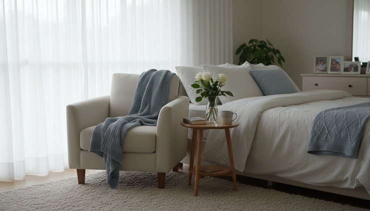 Eye-level view of a quiet bedroom with a chair beside a neatly made bed.