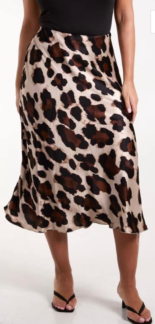 Leopard Print Satin Midi Skirt
