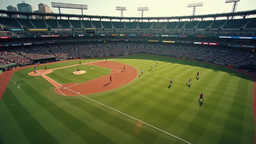 High angle view of a baseball field with players practicing drills