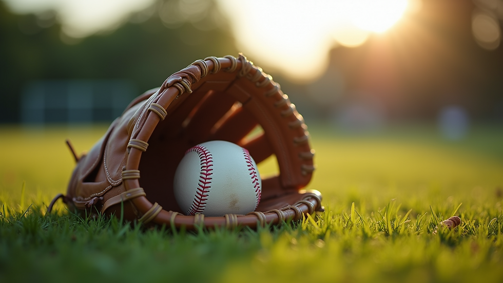 Close-up view of a baseball glove and ball on a grass field